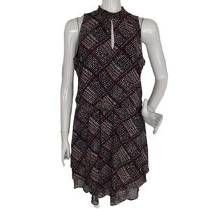 WHBM Dress, M, Smocked Neck/Keyhole, Sleeveless, Black/Purple-White Geometric